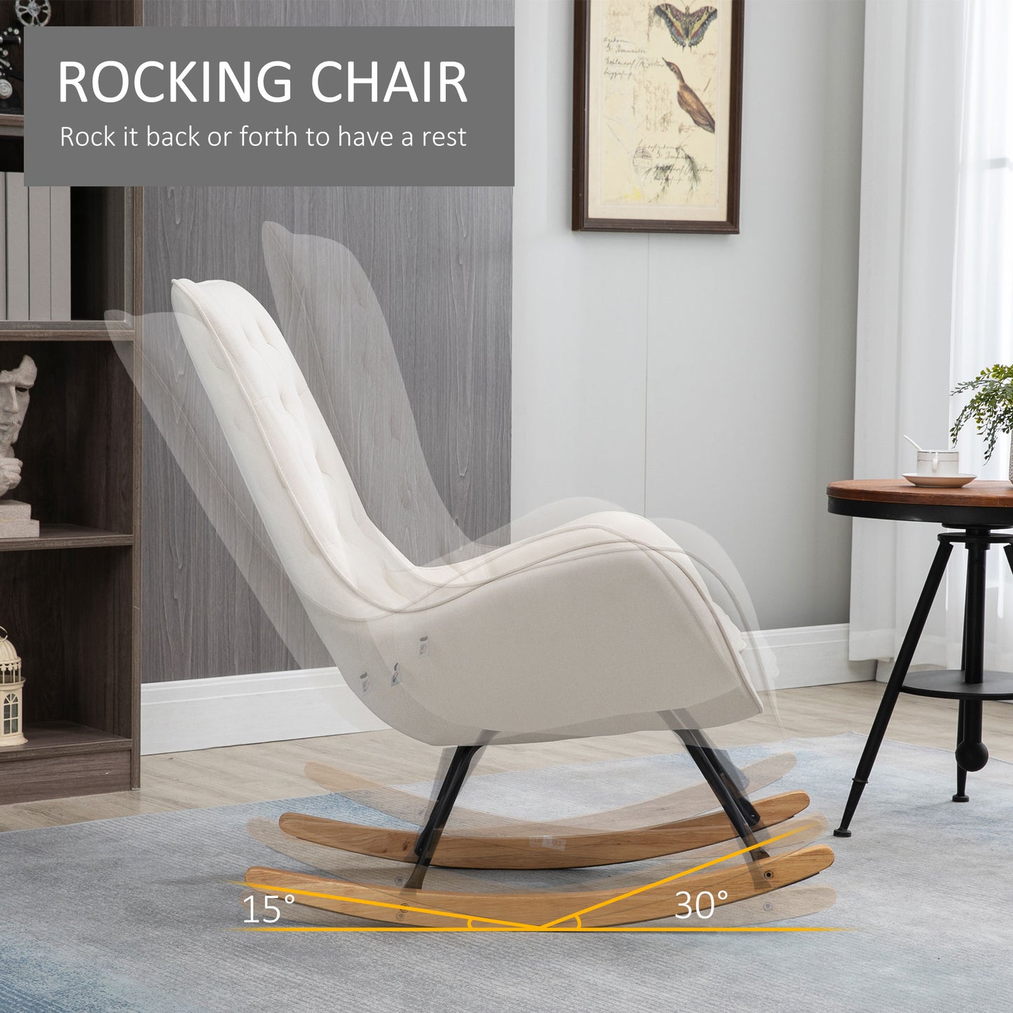 Mid-Century Fabric Rocking Chair Sofa Armchair Tufted Rocker Wingback Accent Chair with Padded Seat, Rubber Wood Base for Home Studio, Bedroom, Living Room, Cream White