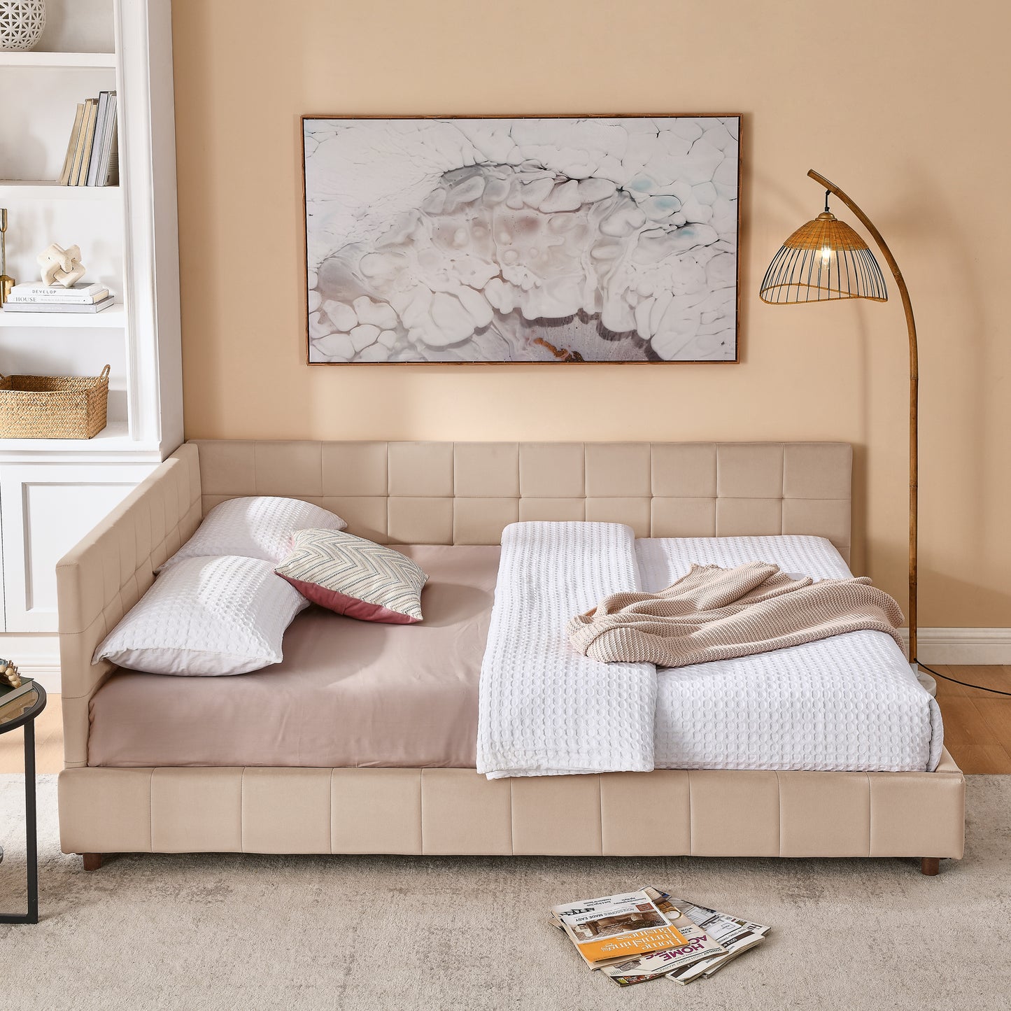 Queen Size Upholstered Tufted Bed Frame, Sofa Bed Frame With Comfortable Backrest And Armrests, Queen Size Bed For Bedroom, Living Room,Velvet, Pink 85.5x64.5x30.5