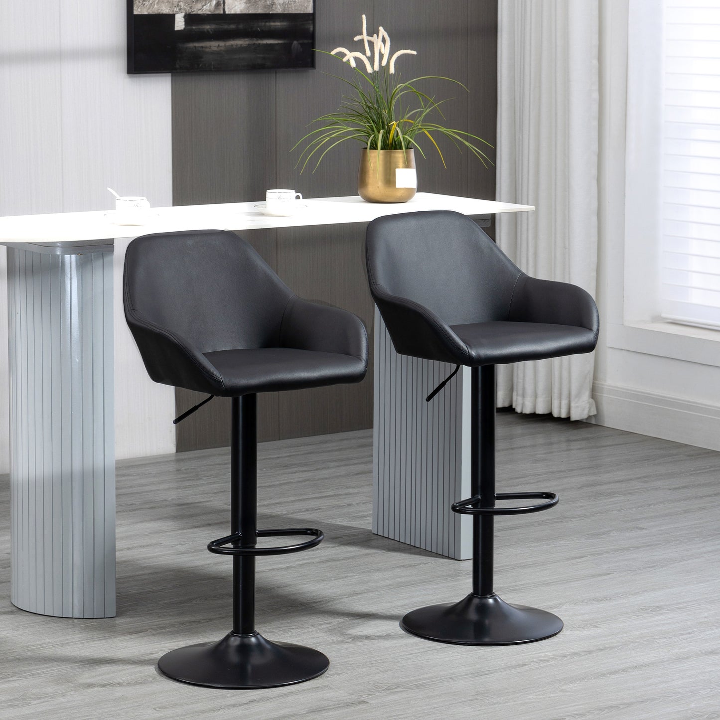 Bar Stools Set Of 2, Height Adjustable Swivel Barstools, PU Leather Kitchen Stools With Backs, Armrests And Footrest For Home, Counter And Dining Room, Black