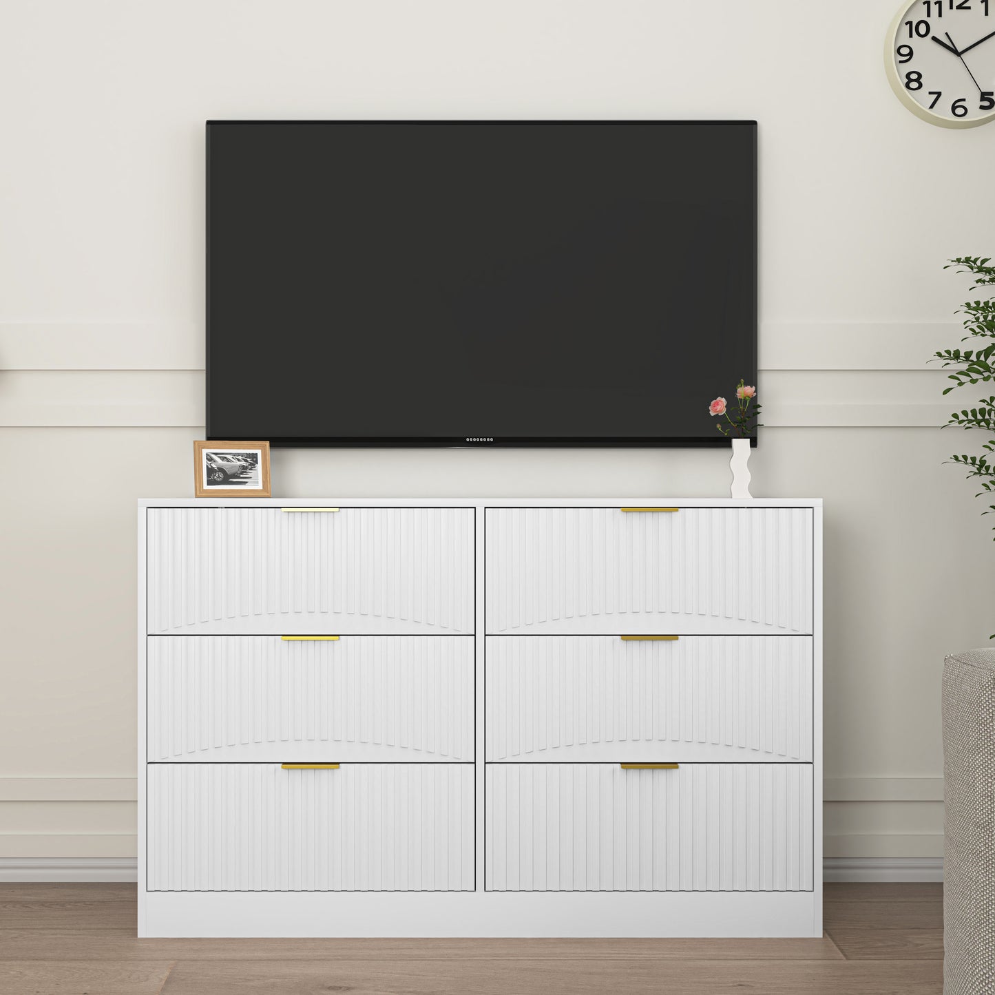 Modern 6-Drawer Dresser, Chest Of Drawers For Bedroom, Living Room, Hallway, And Entryway - Large Storage Cabinet, White,Drawer Panel With Wavy Patterns