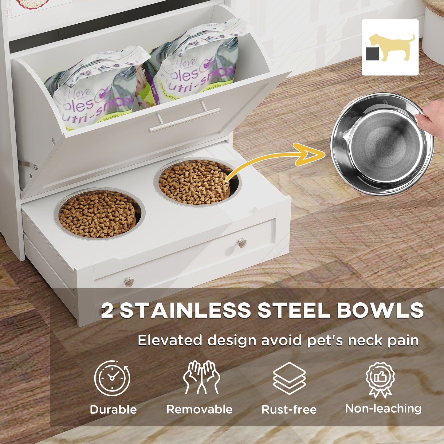 Pet Feeder Station Storage Cabinet, Dog Food Storage Container with Dog Raised Bowls, Watering Supplies, White