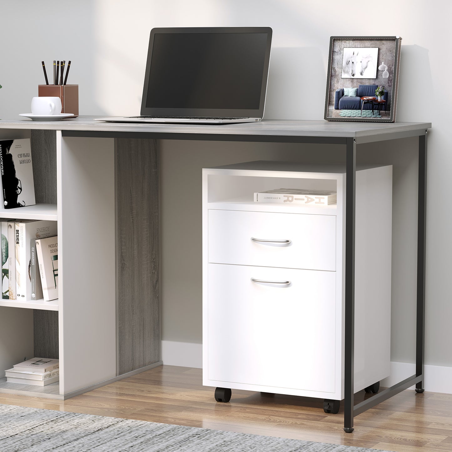 Mobile Storage Cabinet Organizer with Drawer and Cabinet, Printer Stand with Castors, White