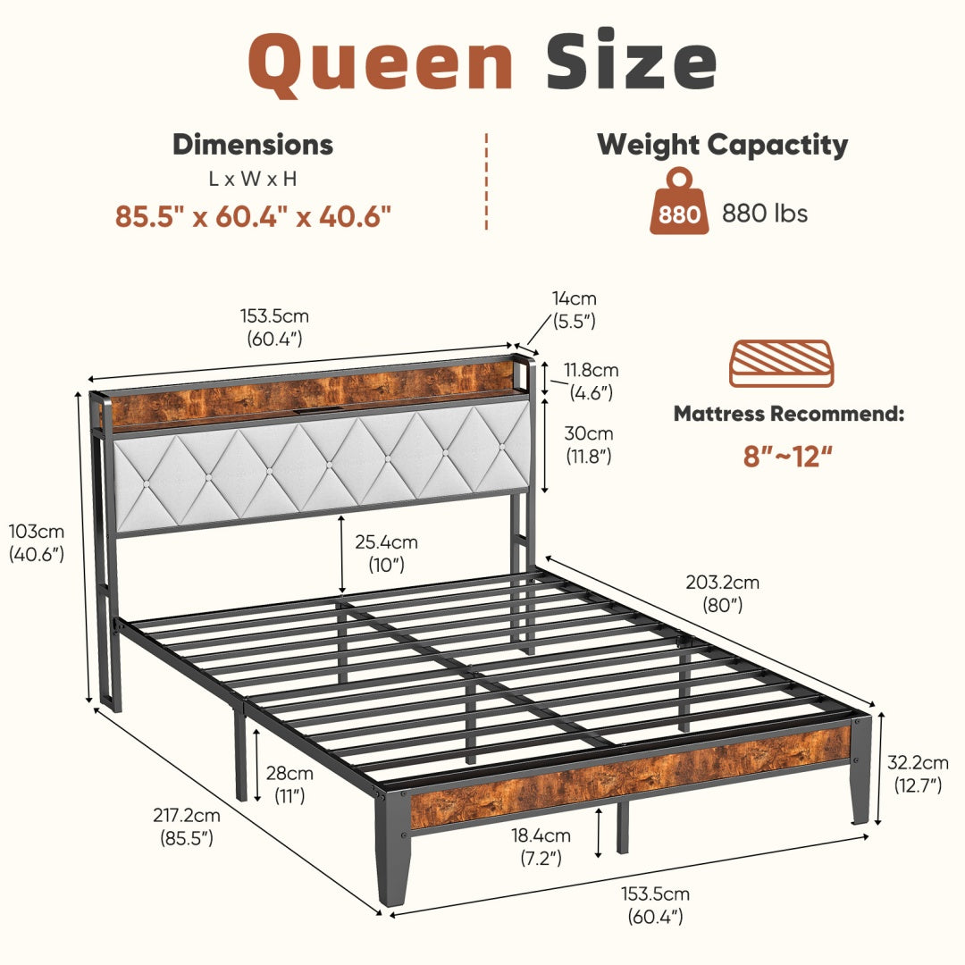 Soft-padded Headboard With Storage, Charging Port, Iron Frame Bed