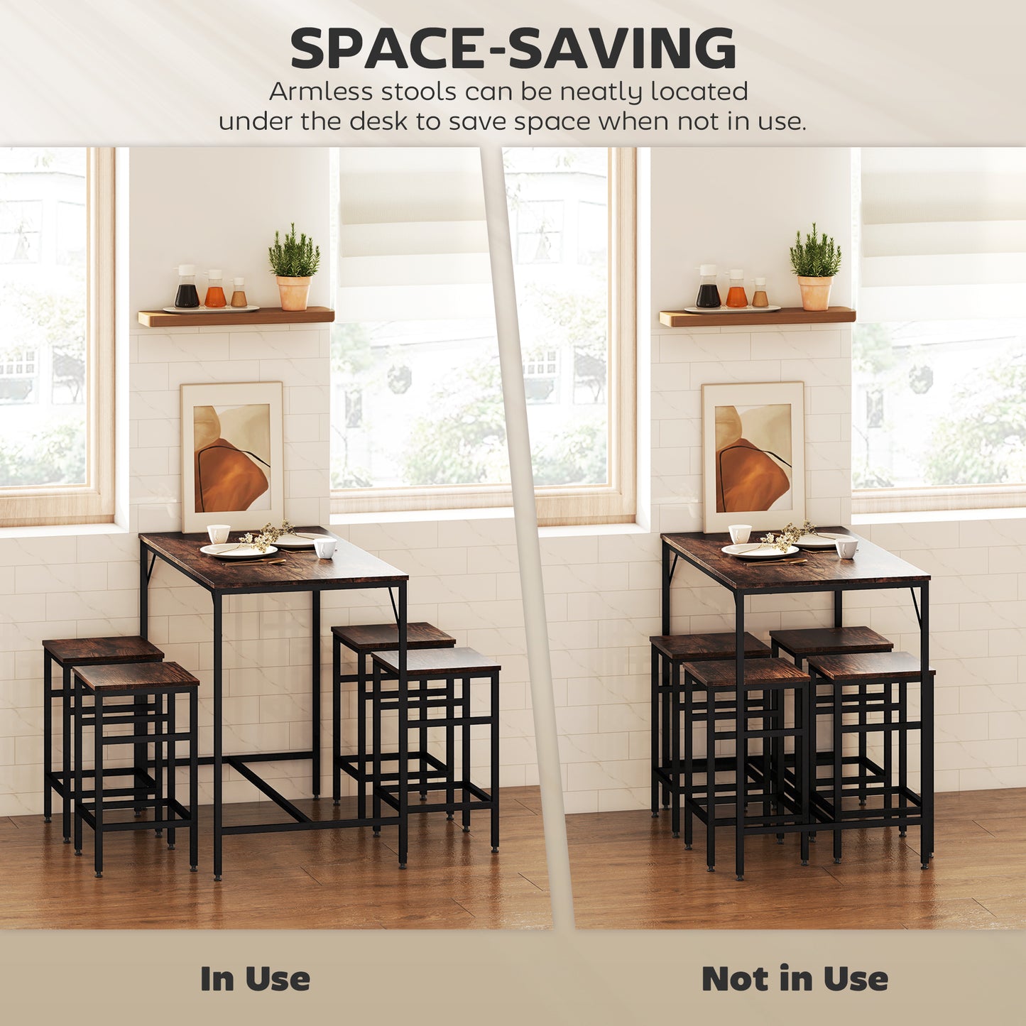 5-Piece Breakfast Bar Table And Stools Set, Kitchen Bar Table Set With High Table And 4 Stools, Space Saving Compact Dining Furniture For Small Spaces, Rustic Brown