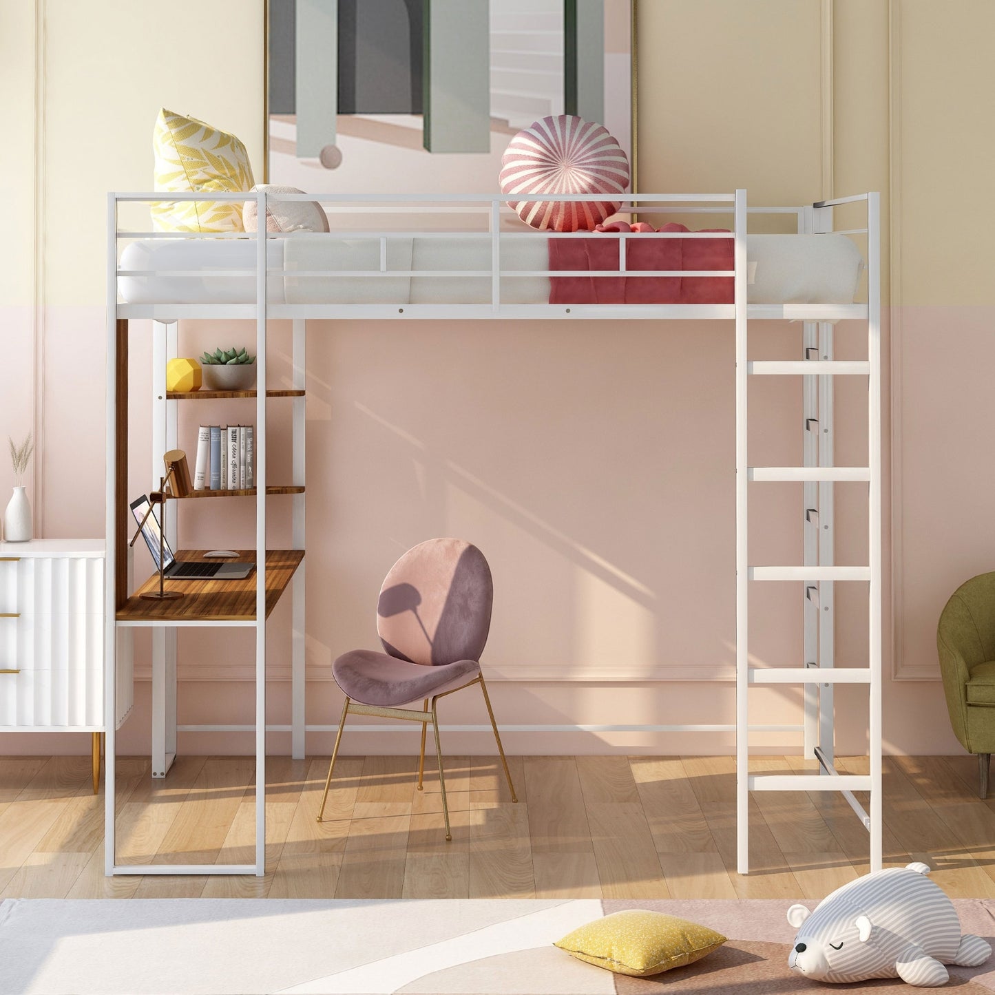Full Size Metal Loft Bed With Desk, 2 Shelves, White - LP000191AAK