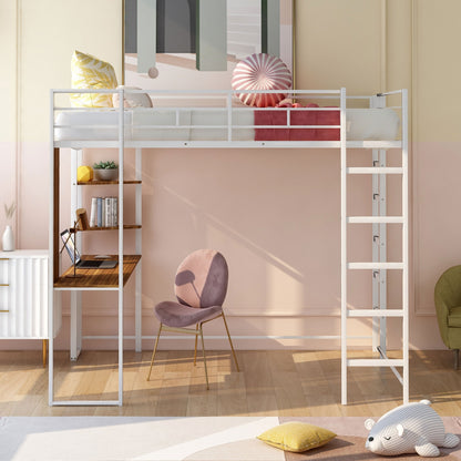Full Size Metal Loft Bed With Desk, 2 Shelves, White - LP000191AAK