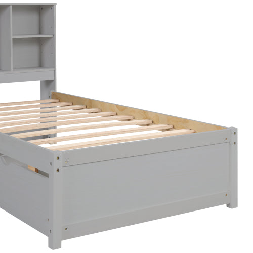 Modern Twin Size Bed Frame With Built-in USB Port On Bookcase Headboard And 2 Drawers For Grey Color