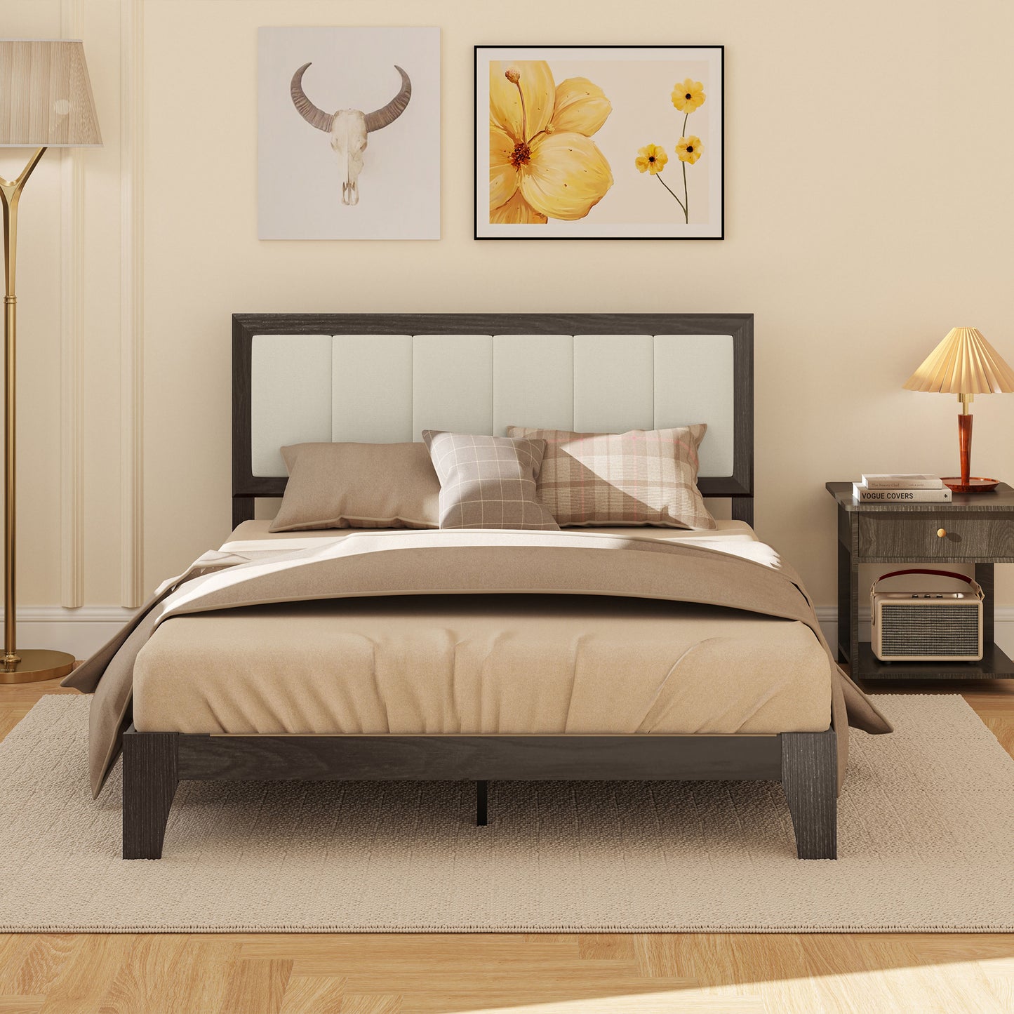 Full Bed Frame with Headboard Full Size Platform Bed Frame with Wooden Slats No Box Spring Needed Charcoal Gray