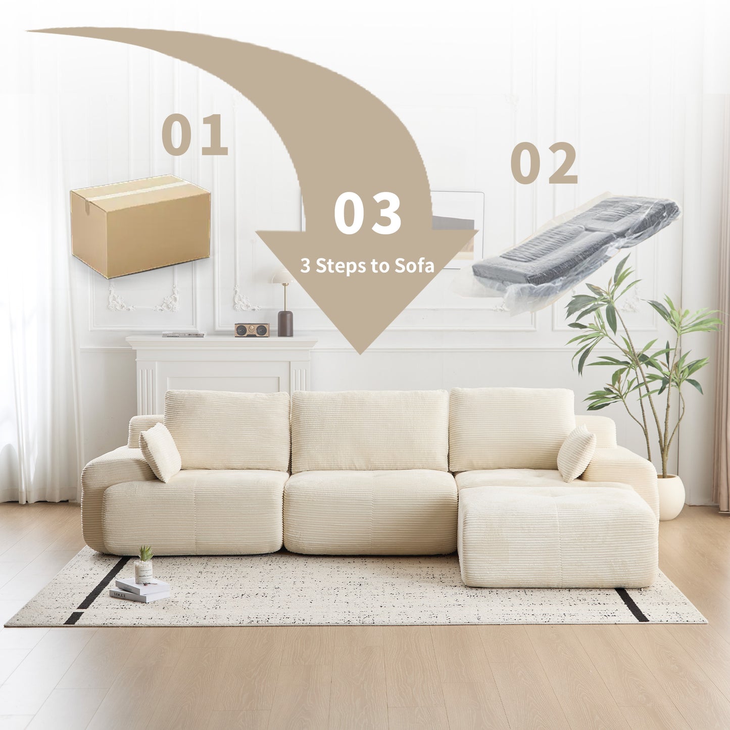 Modern Memory Foam Compressed Sofa,Large Sectional Couches For Living Room,Pet-Friendly Cloud Modular Sectional Sofa,Corduroy Fabric,Extra Deep Loveseat,No Assembly Required, BEIGE