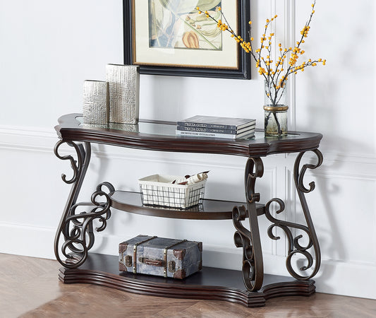 Sofa Table, Glass Table Top, MDF W Marble Paper Middle Shelf, Powder Coat Finish Metal Legs. 54Lx20Wx30H