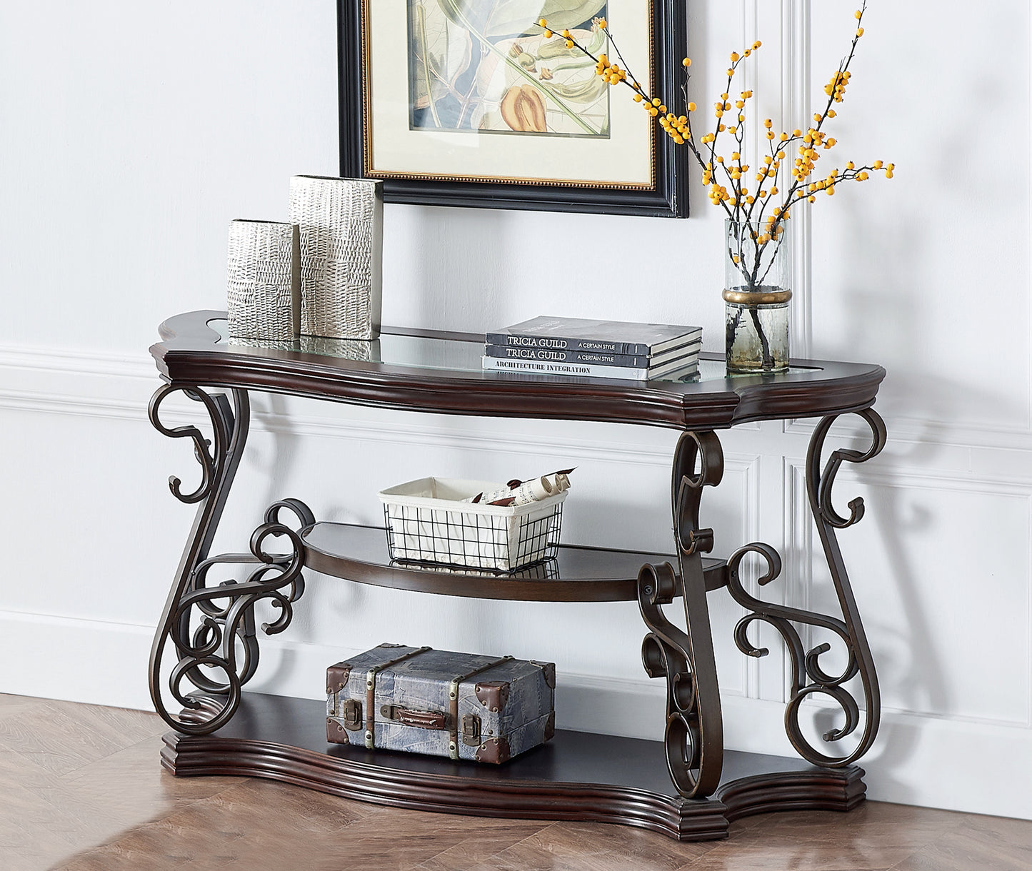 Sofa Table, Glass Table Top, MDF W Marble Paper Middle Shelf, Powder Coat Finish Metal Legs. 54Lx20Wx30H