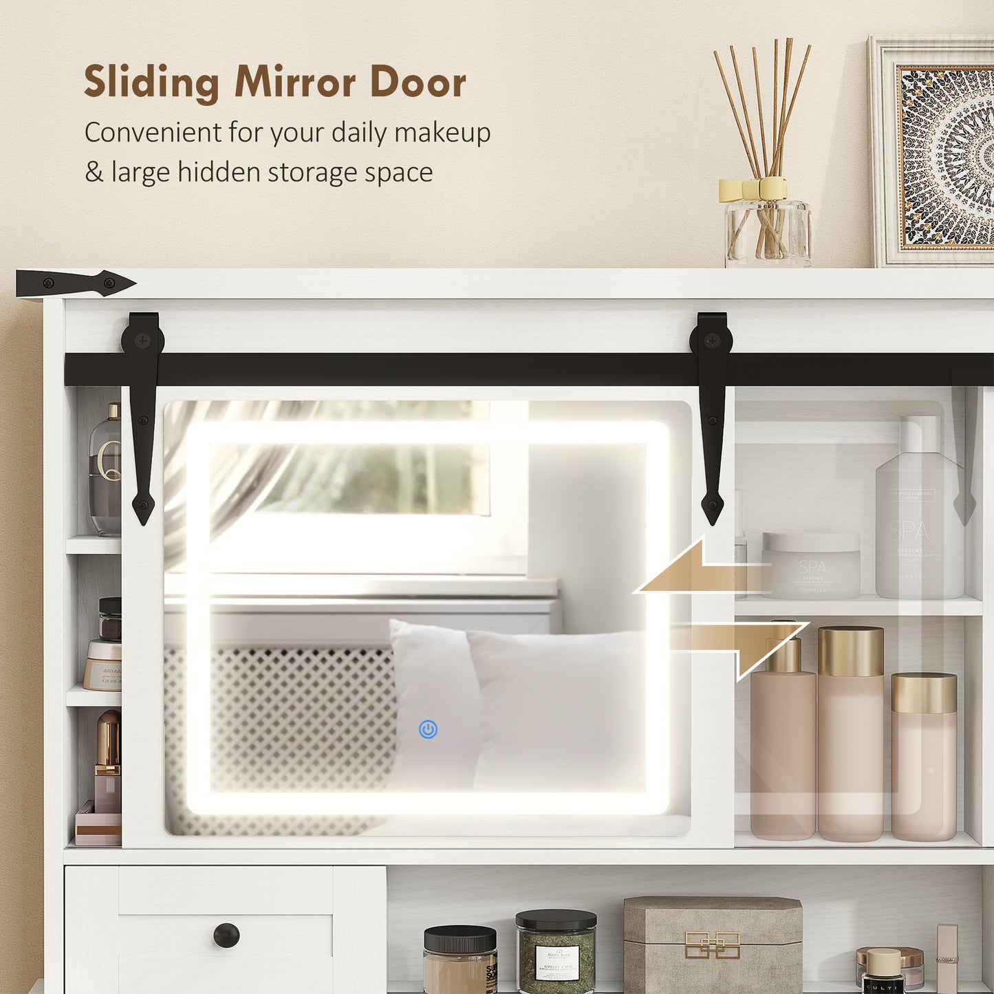 Vanity Desk Set with Mirror and Lights, Cushioned Stool, Storage Drawer, Cabinet, Shelves for Bedroom, White