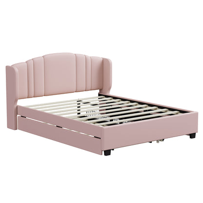 Upholstered Platform Bed With Wingback Headboard, One Twin Trundle And 2 Drawers, No Box Spring Needed, Linen Fabric, Queen Size, Pink