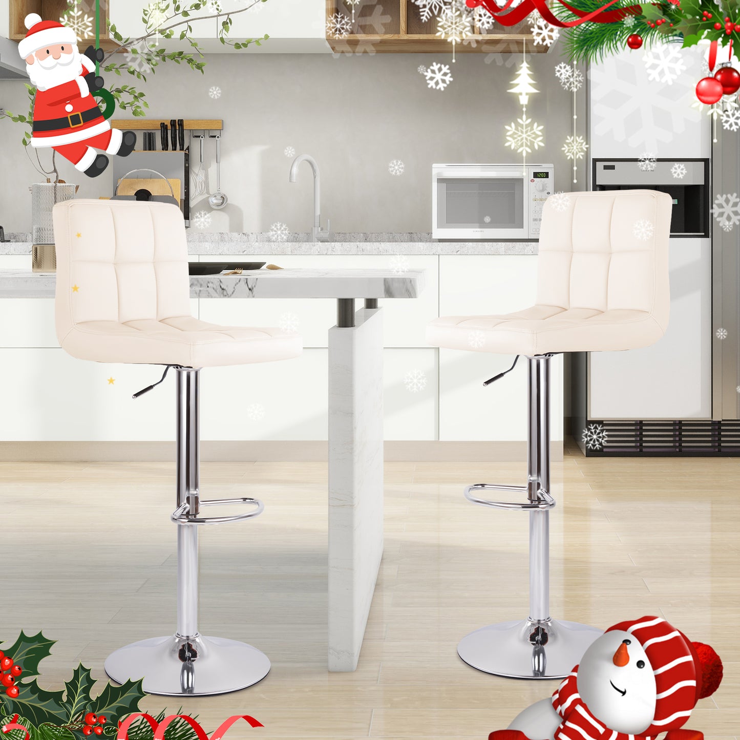 Swivel Bar Stools Set Of 2 Modern PU Leather Barstools With Midback, Adjustable Counter Height Bar Chairs