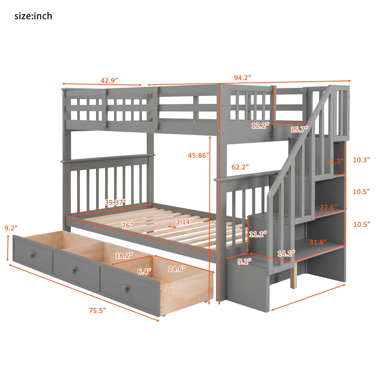 Stairway Twin-Over-Twin Bunk Bed With 3 Drawers - Gray