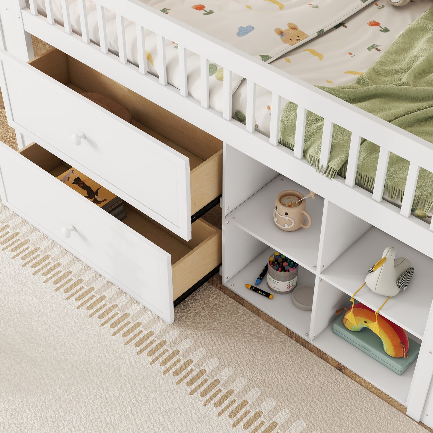 Twin Size Loft Bed With LED And Bookshelf, Wood Low Loft Bed With Stairs, Kids Twin Loft Bed With Storage Drawers And Shelves,White Expect Arrival Date 2025 1 20