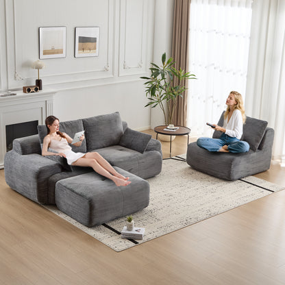 Modern Memory Foam Compressed Sofa,Large Sectional Couches For Living Room,Pet-Friendly Cloud Modular Sectional Sofa,Corduroy Fabric,Extra Deep Loveseat,No Assembly Required,GREY