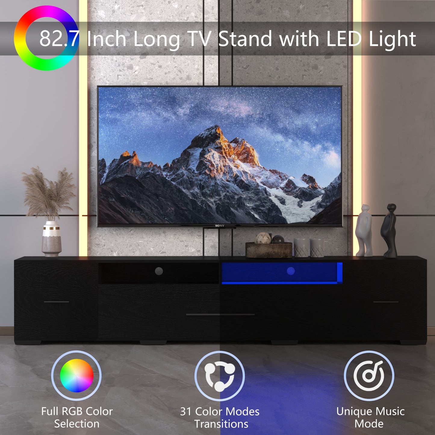 TV Console With Storage Cabinet Modern Entertainment Center 31 Modes Changing Lights