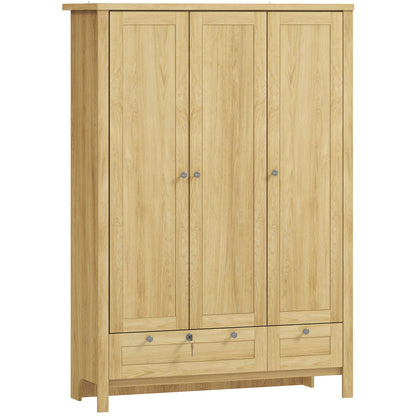 3 Doors Wardrobe Closet with 2 Drawers, Bedroom Armoire with Lockable Drawer, Hanging Rod and Storage Shelves, Natural