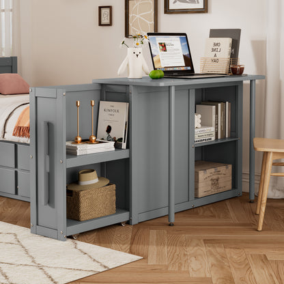Twin Size Multifunctional Wood Platform Bed With Desk And Storage Shelf At The End Of The Bed, Built-in Trundle And 3 Drawers, Gray