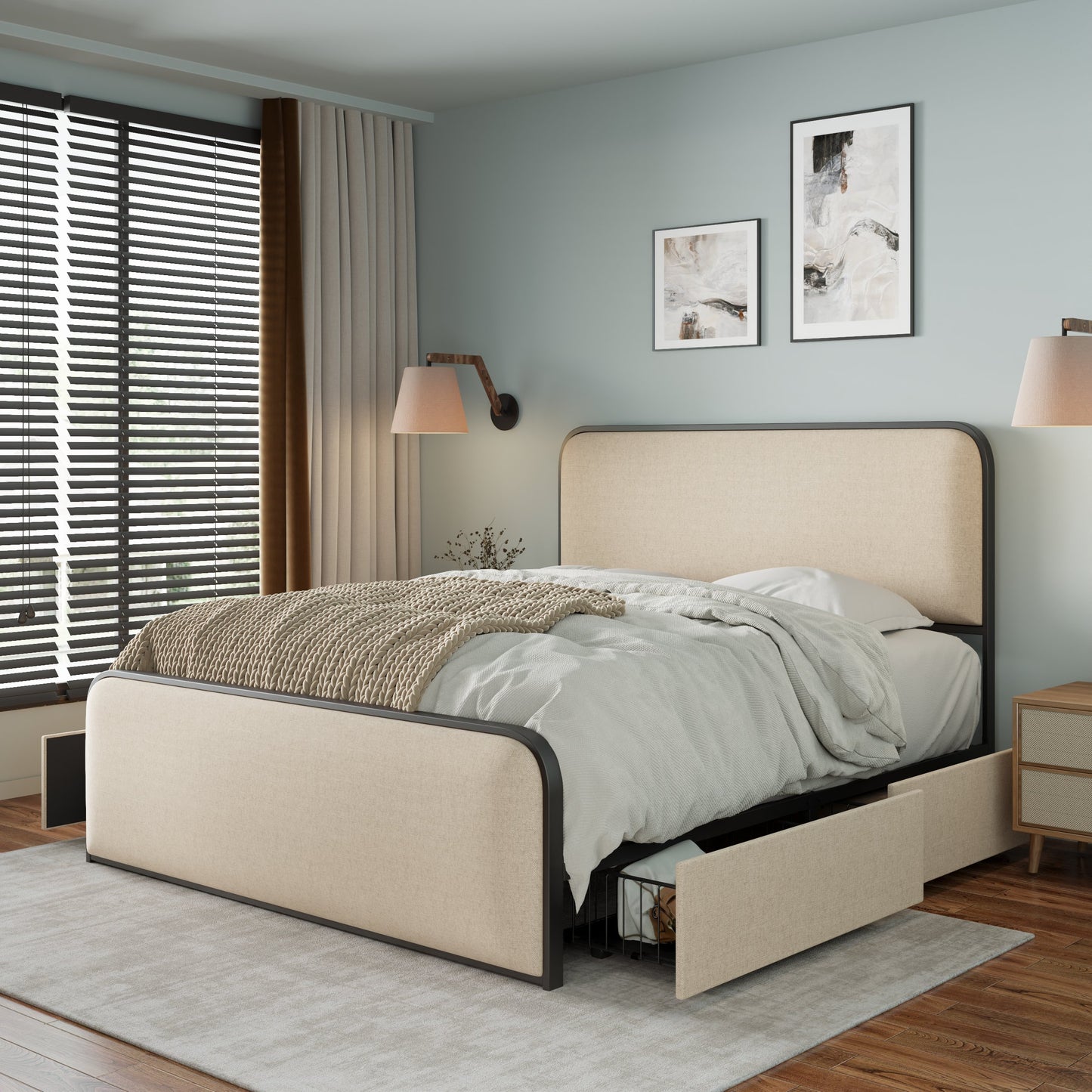 Modern Metal Bed Frame With Curved Upholstered Headboard And Footboard Bed With 4 Storage Drawers, Heavy Duty Metal Slats, Queen Size, Beige