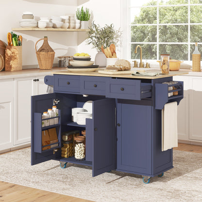 Kitchen Island On Wheels With Drop Leaf, Charging Station, Rolling Kitchen Cart With Wood Top, Adjustable Shelf, Blue
