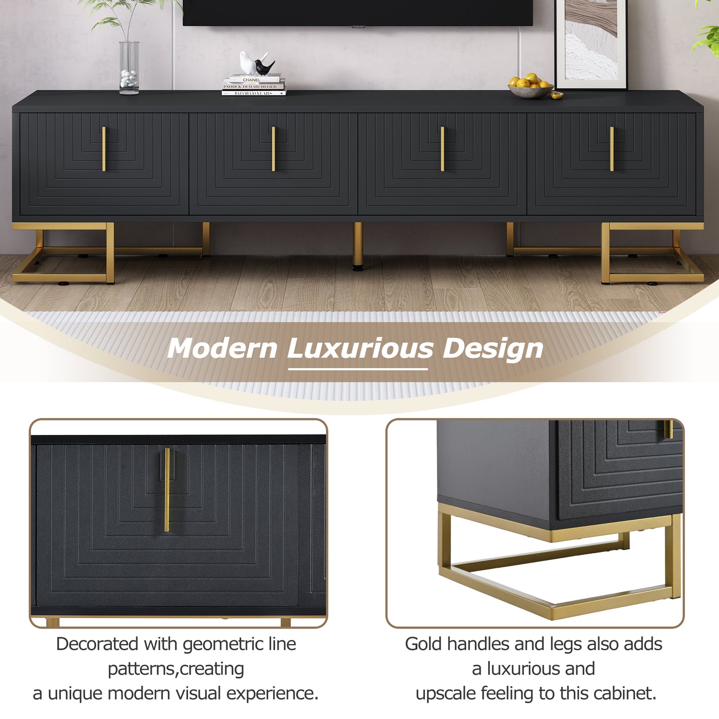 ON-TREND Modern TV Stand With Metal Legs And Gold Handles For TVs Up To 80'', Media Console Table With Cabinets And Adjustable Shelves, Luxury TV Cabinet With Geometric Lines For Living Room, Black