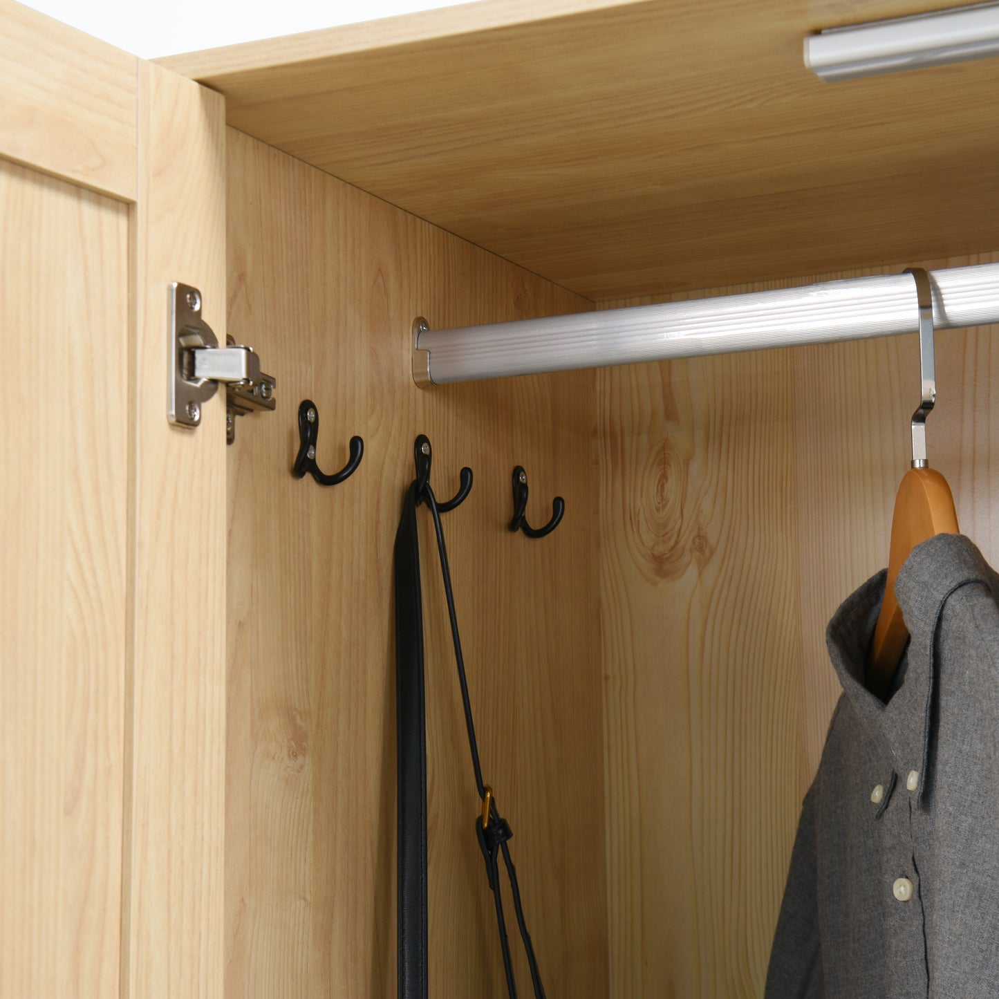 4 Doors Wardrobe Closet With Mirror, LED Wardrobe With Doors And 2 Drawers, Wooden Wardrobe Storage Cabinet With Hanging Rod, Adjustable Shelves, Natural