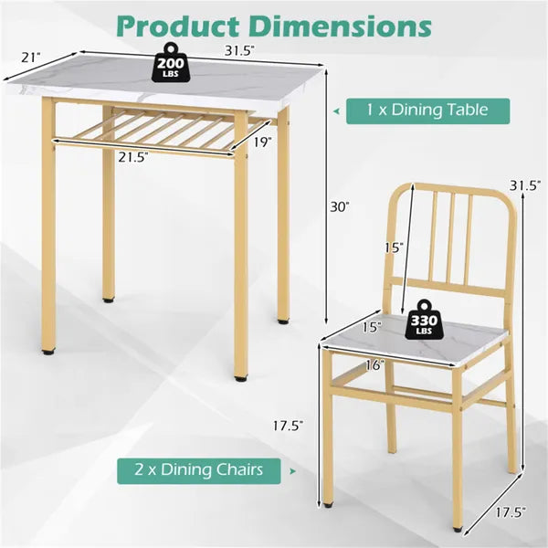 3-Piece Dining Table Set (White + Gold), Space-Saving Tuck-under Chair Design