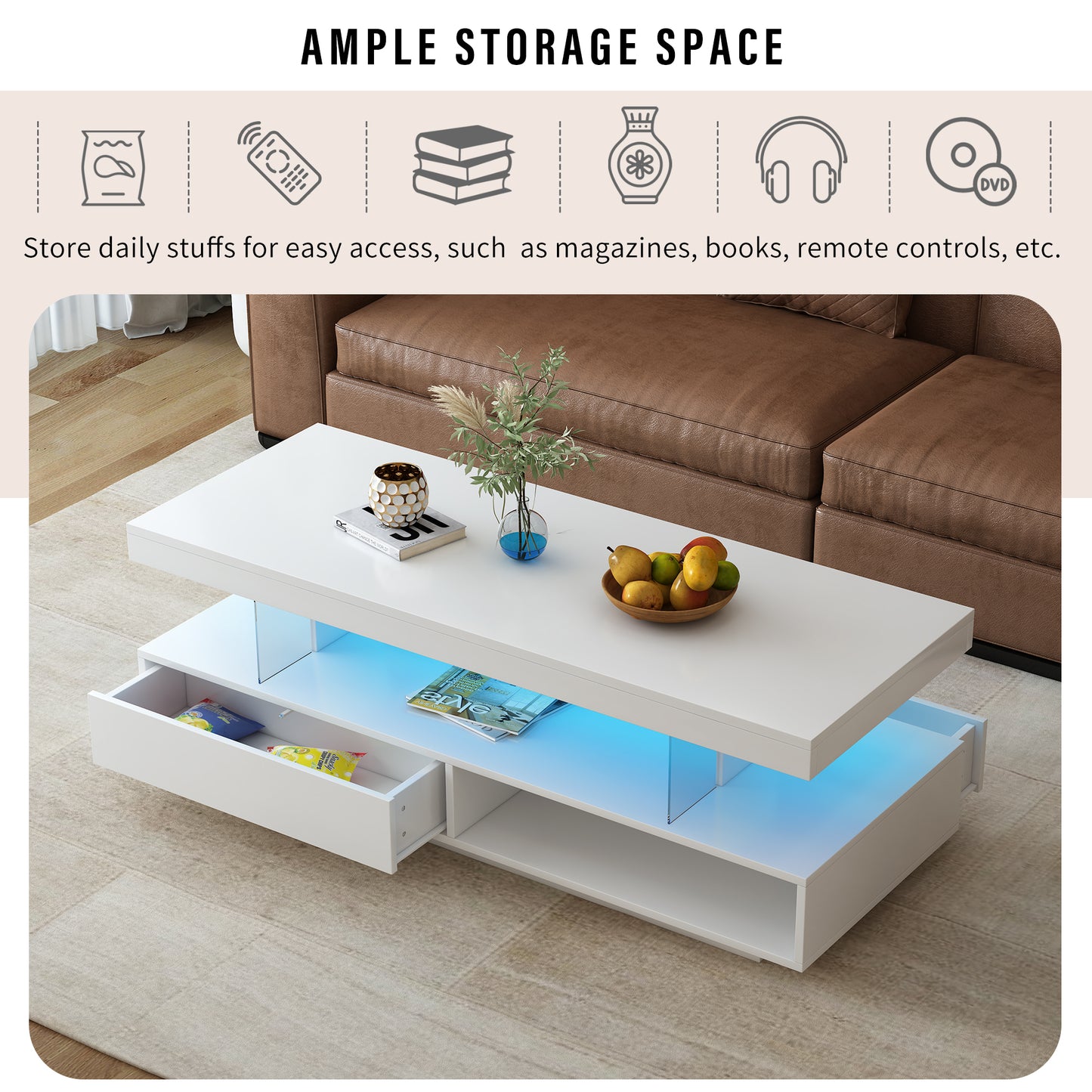 VIBE HAUS LED Coffee Table With Storage, Modern Center Table With 2 Drawers And Display Shelves, Accent Furniture With LED Lights For Living Room,White