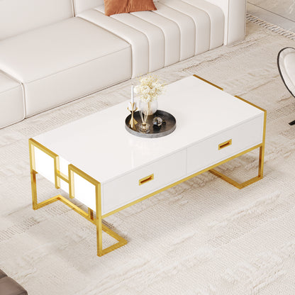 Modern White Rectangular Coffee Table With 4 Drawers And Gold Base In 47.3