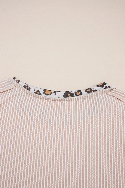 Leopard Trim Round Neck Ribbed T-Shirt