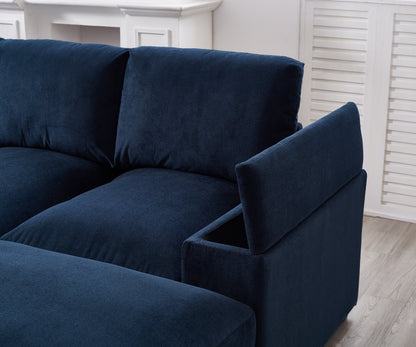 Sectional Sofa Deep Seat Sofa Couch With Ottomans, Corduroy Sofa Sleeper Comfy Upholstered Furniture For Living Room, Apartment, Office, 4-Seat & 2-Ottoman, Blue