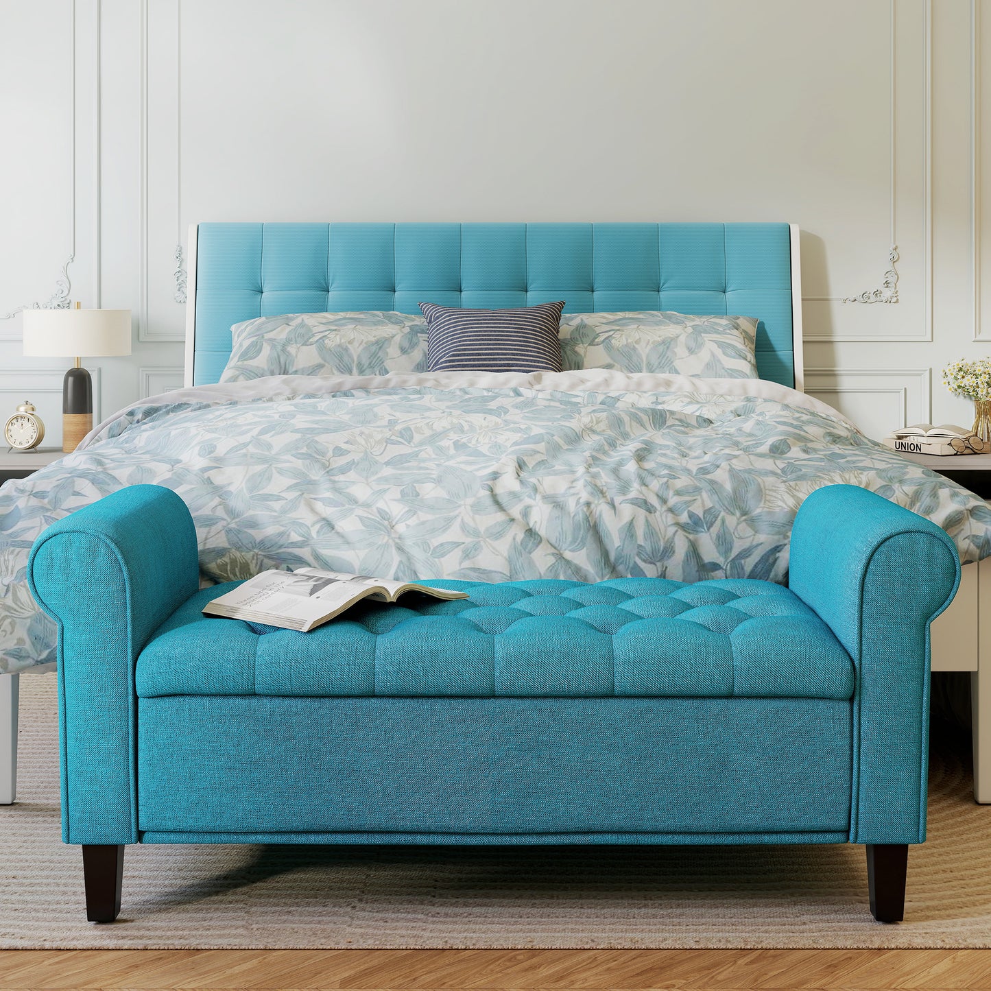 50 Inches Storage Ottoman, End of Bed Bench with Rolled Arms, Wood Legs, Button Tufted Storage Bench, Teal
