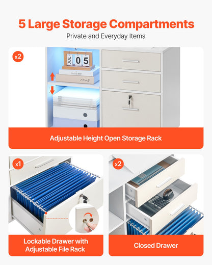 3 Drawer Wooden File Cabinet Mobile Filing Cabinet With Light Strip White