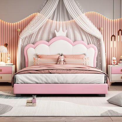 Full Size Upholstered Princess Bed With Crown Headboard,Full Size Platform Bed With Headboard And Footboard, Cream Pink