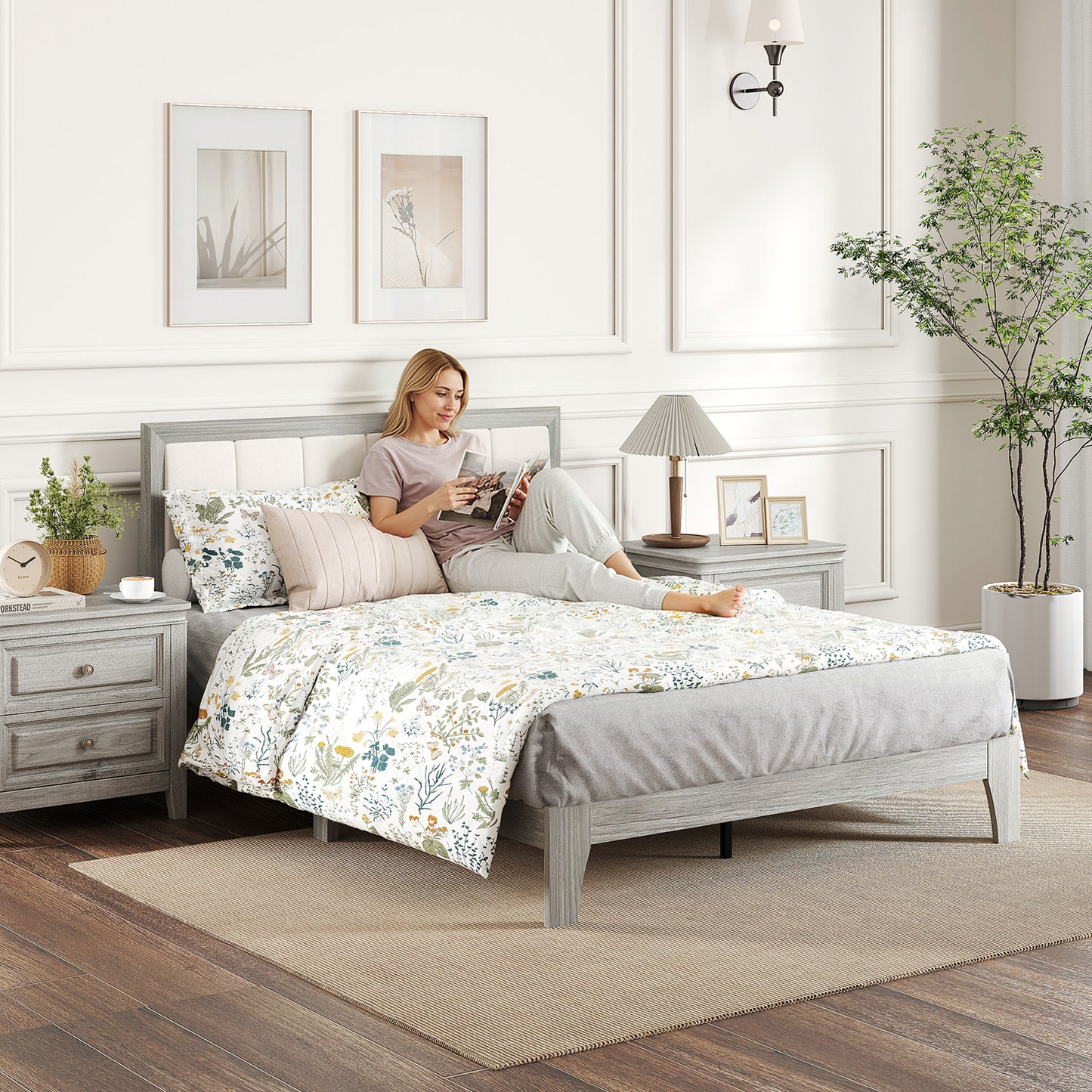 Full Bed Frame with Headboard Full Size Platform Bed Frame with Wooden Slats No Box Spring Needed Easy Assembly Gray