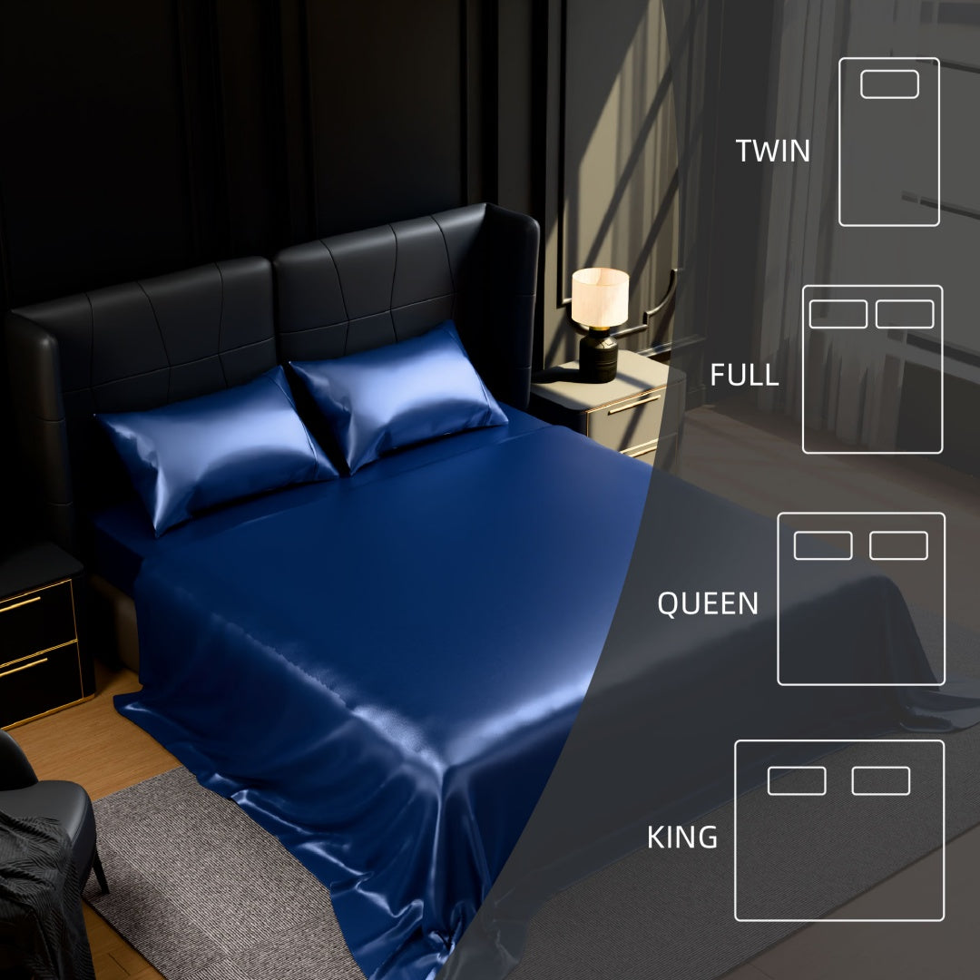 Satin Bed Sheets, Full Size Sheets Set, 4 Pcs Silky Bedding Set With 15 Inches Deep Pocket For Mattress -Full, Navy Blue