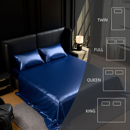Satin Bed Sheets, Full Size Sheets Set, 4 Pcs Silky Bedding Set With 15 Inches Deep Pocket For Mattress -Full, Navy Blue