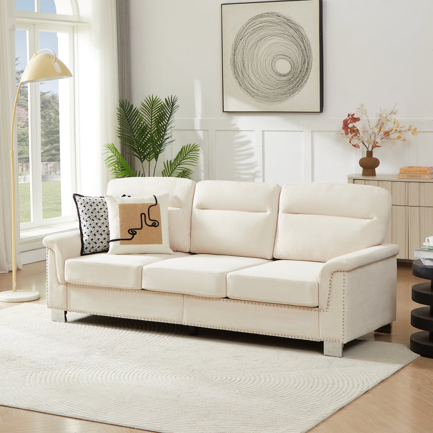 82 Modern Compressed Snowfleece Fabric 3-Seater Sofa, For Living Room, Bedroom, Office & Entertainment Spaces, Beige