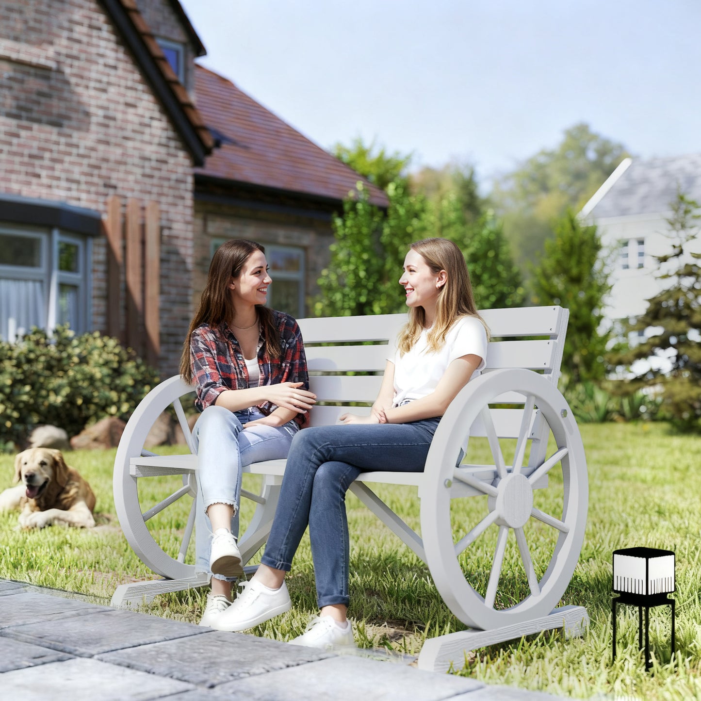 41" Wooden Wagon Wheel Bench, Rustic Outdoor Patio Weather Resistance Furniture, 2-Person Slatted Seat Bench with Backrest, Light Gray