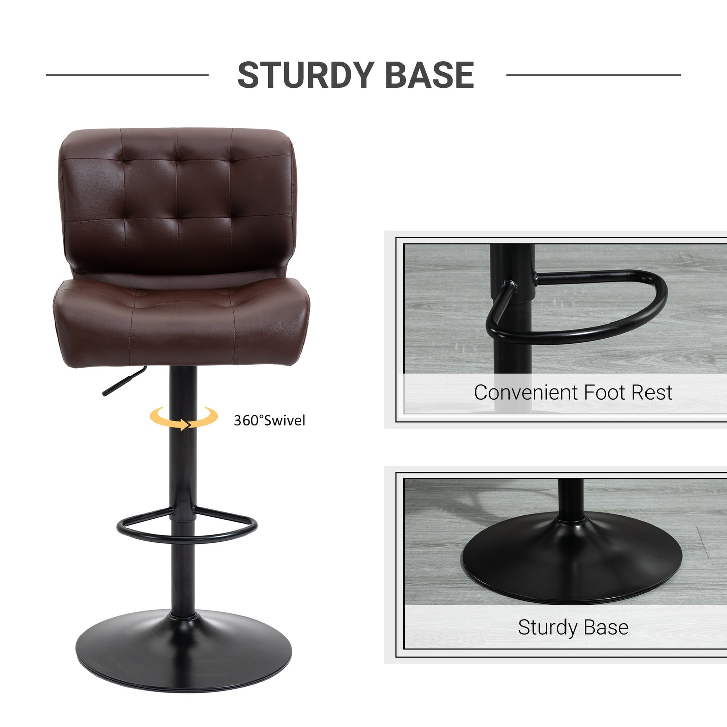 Bar Height Bar Stools Set of 2 with Adjustable Seat, Adjustable Swivel Barstools with Thick Padded Cushion and Metal Footrest for Home Bar, Brown