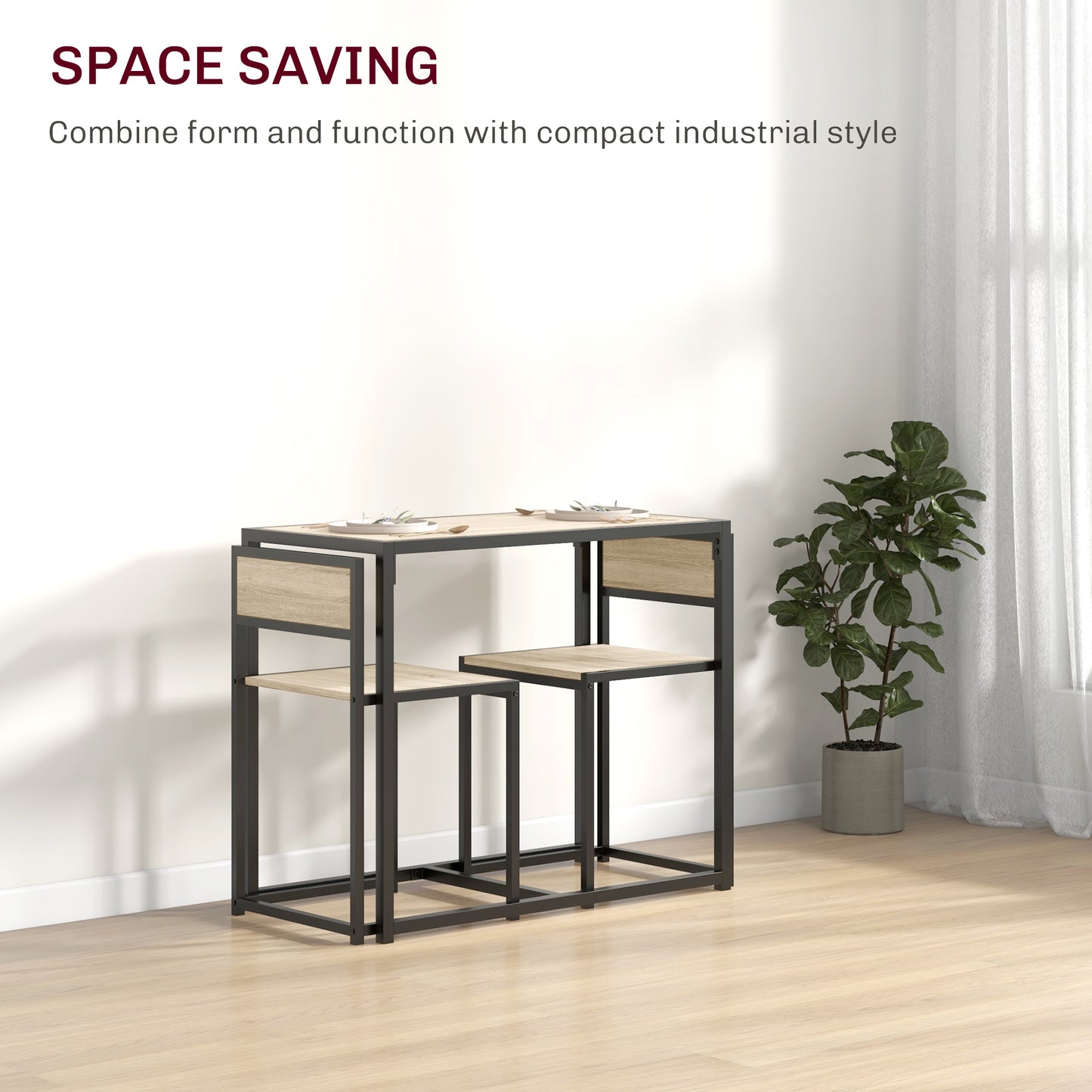 3-Piece Dining Room Set, Industrial Kitchen Table Set With Rectangular Table And 2 Dining Chairs, Oak