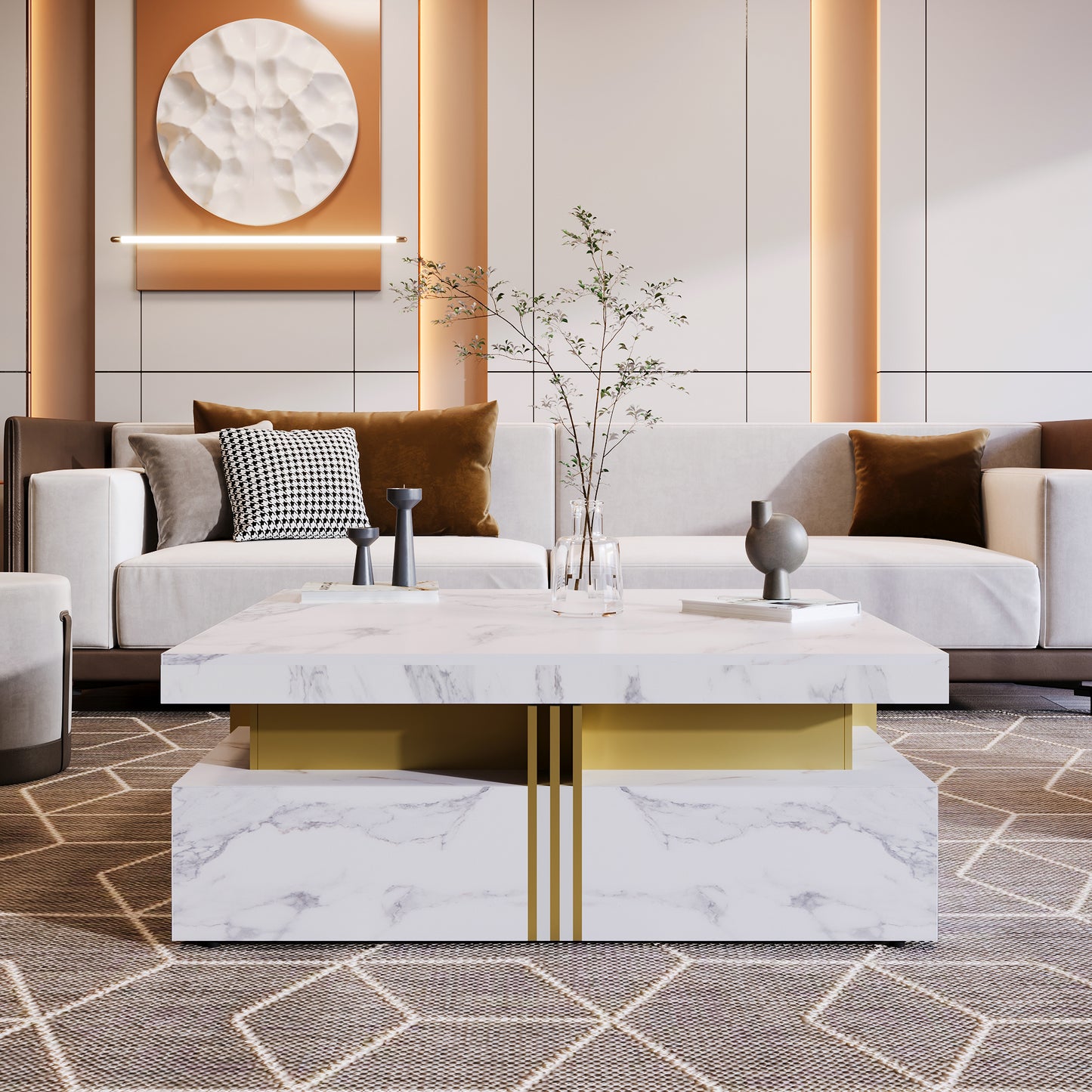 Modern White Square Storage Coffee Table With 4 Drawers