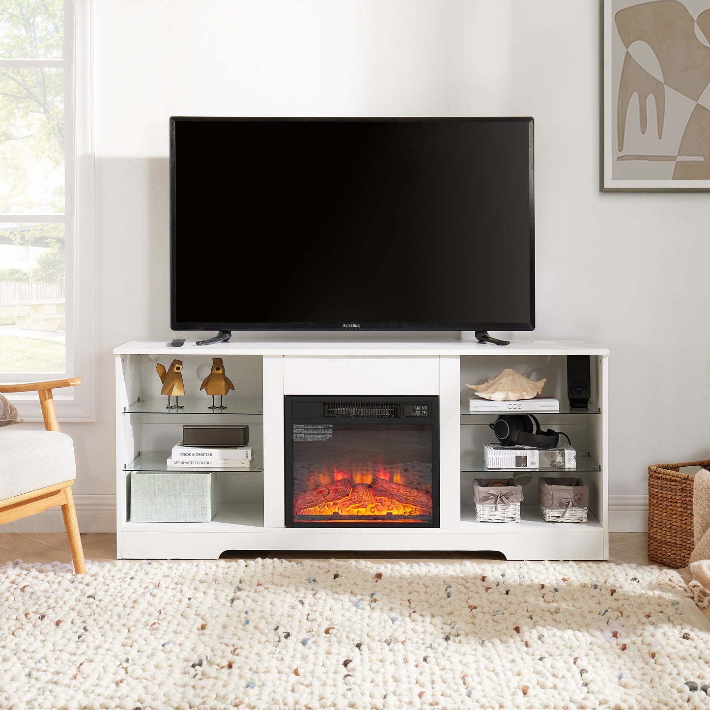 TV Stand Electric Fireplace TV Stand With Glass Shelves, 3D Fireplace TV Stand With LED Lights Wood With USB Charging Outlet Modern Television Table Center For TV Up To 32-62 White 58 W 15.4Dx24.4