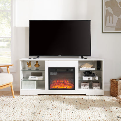 TV Stand Electric Fireplace TV Stand With Glass Shelves, 3D Fireplace TV Stand With LED Lights Wood With USB Charging Outlet Modern Television Table Center For TV Up To 32-62 White 58 W 15.4Dx24.4