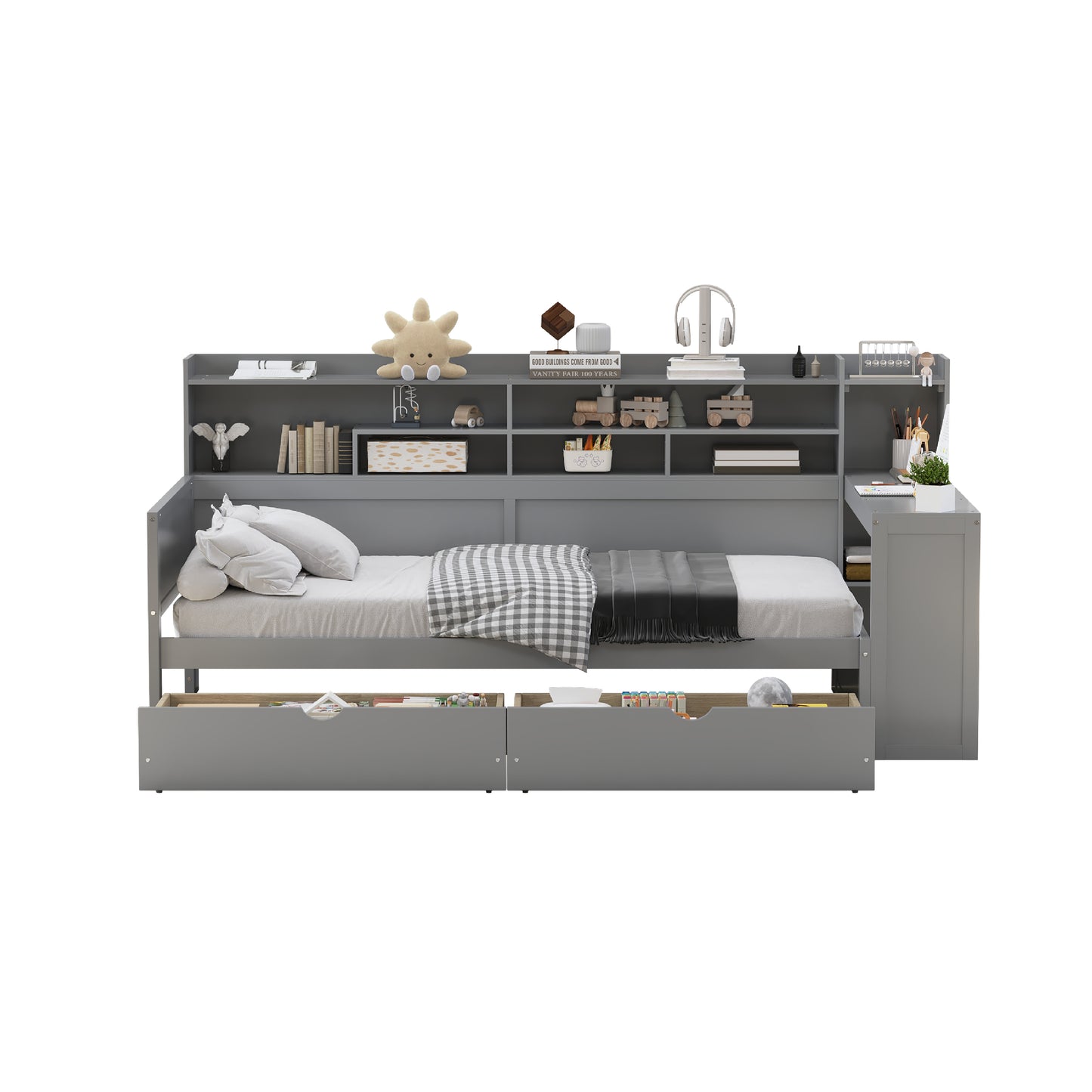Wooden Twin Size Daybed With Storage Shelves, Multi-functional Bed With Two Storage Drawers And  Study Desk, Gray