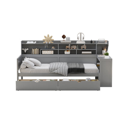 Wooden Twin Size Daybed With Storage Shelves, Multi-functional Bed With Two Storage Drawers And  Study Desk, Gray