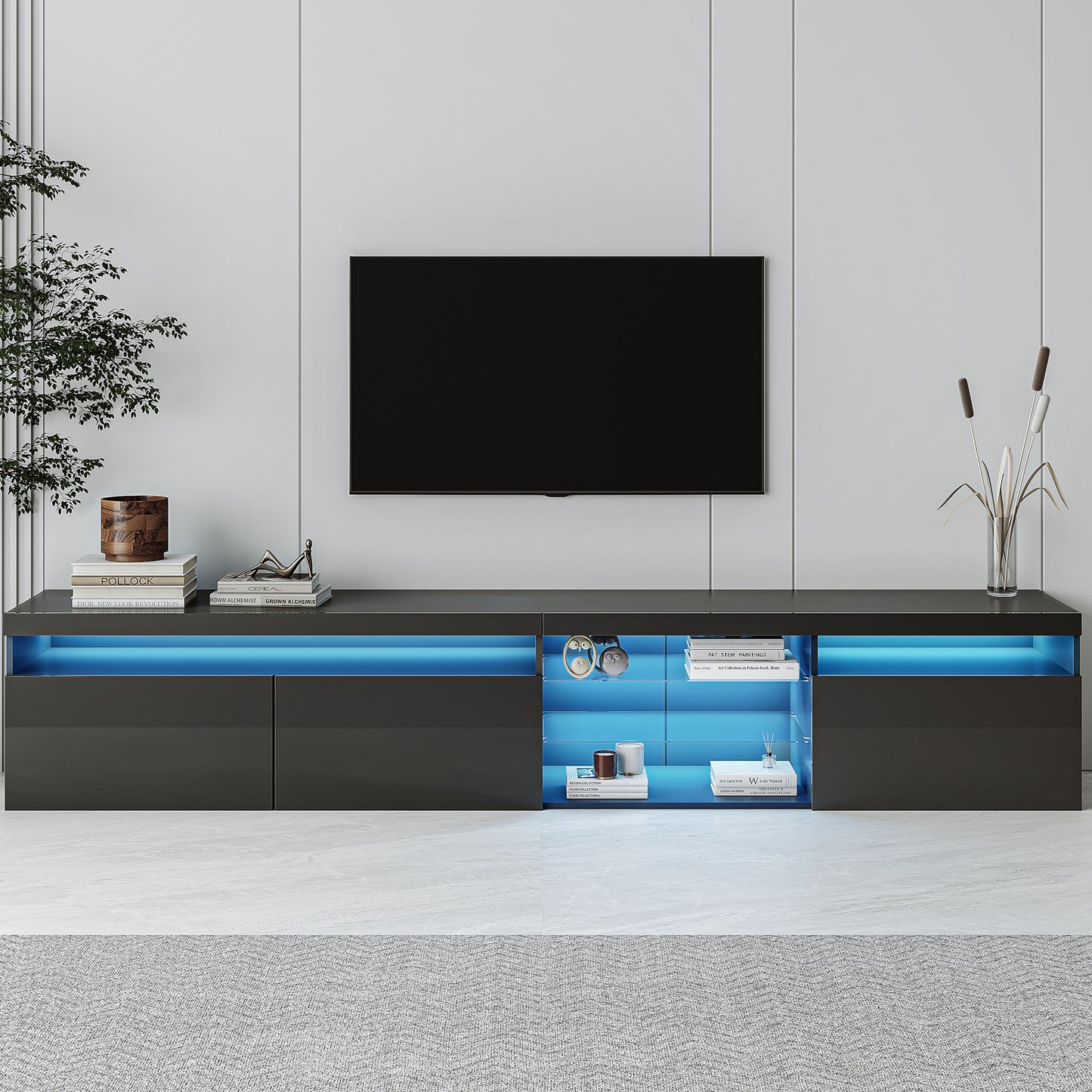 Unique Design TV Stand With 2 Glass Shelves, Ample Storage Space Media Console For TVs Up To 105, Versatile TV Cabinet With LED Color Changing Lights For Living Room, Black