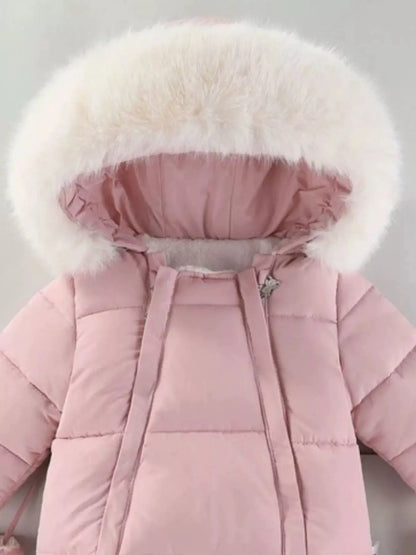 Children's Warm Padded One-Piece Snowsuit with Fur Hood